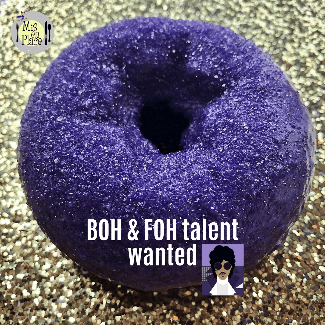 Recruiting ad reading “BOH & FOH talent wanted” over a glitter-frosted doughnut