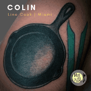 Cast-iron skillet and kitchen knives tattooed on a calf