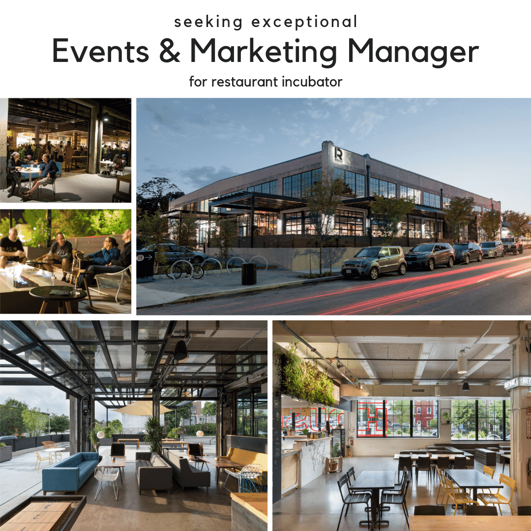 Recruiting ad seeking an Events & Marketing Manager for a restaurant incubator