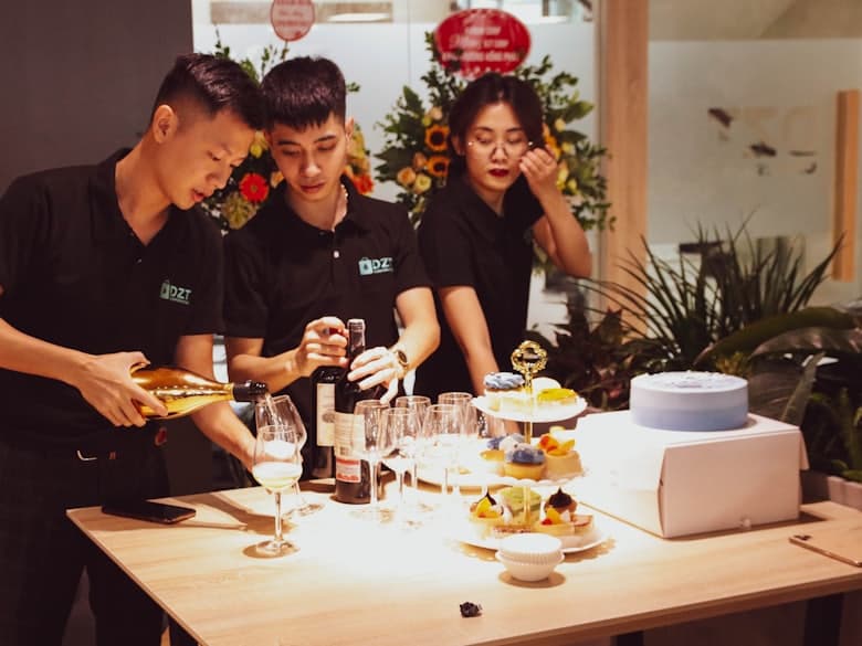 Chefs working the line in a busy kitchen