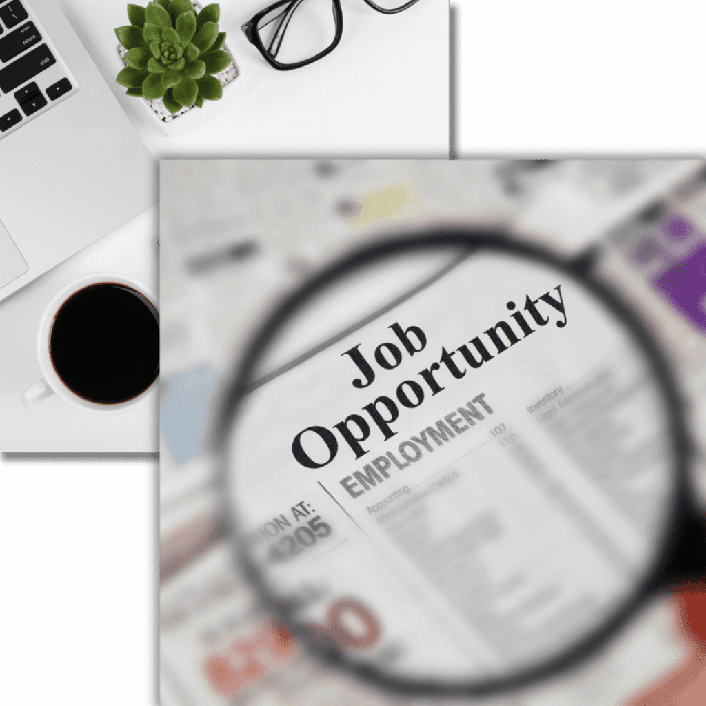 A desk with a laptop and coffee, layered over a newspaper job-opportunity listing under a magnifying glass