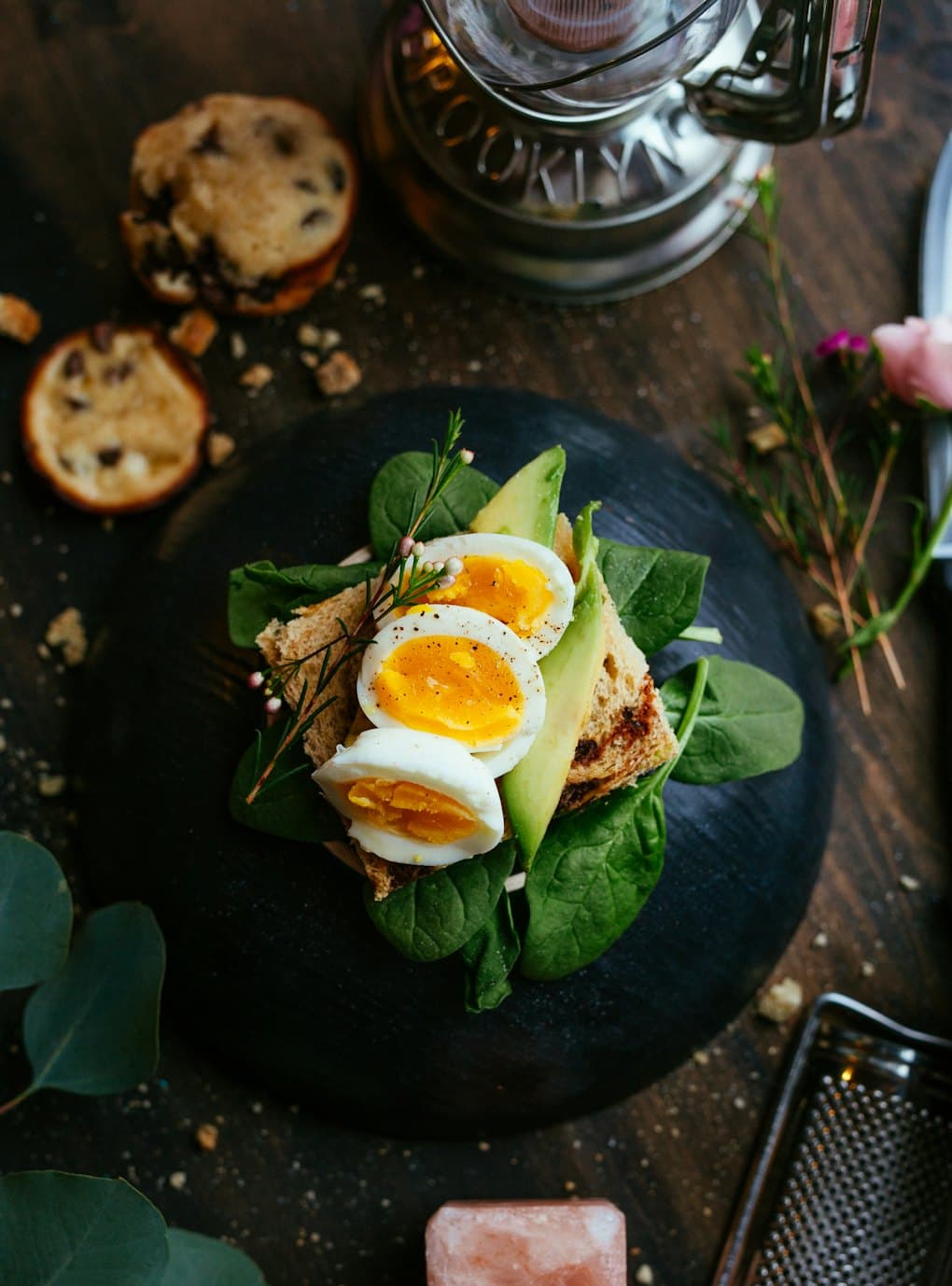 Plated brunch dish on a dark slate board