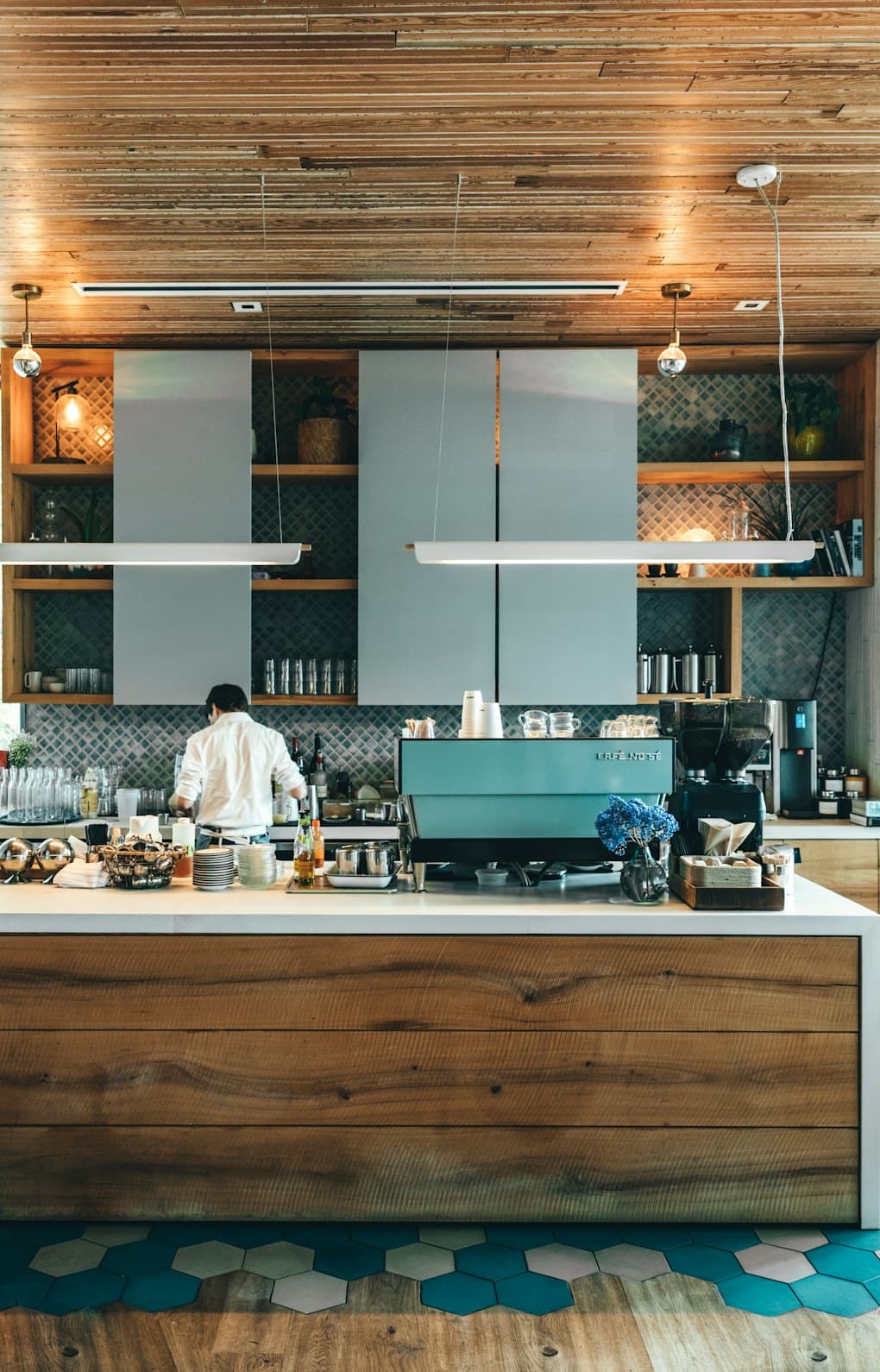 Barista counter and banquette seating in a New York restaurant