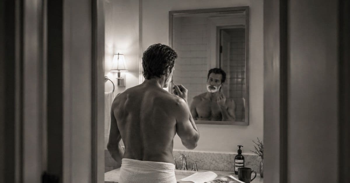 Chef preparing for a back-of-house interview while shaving and reflecting before the day begins