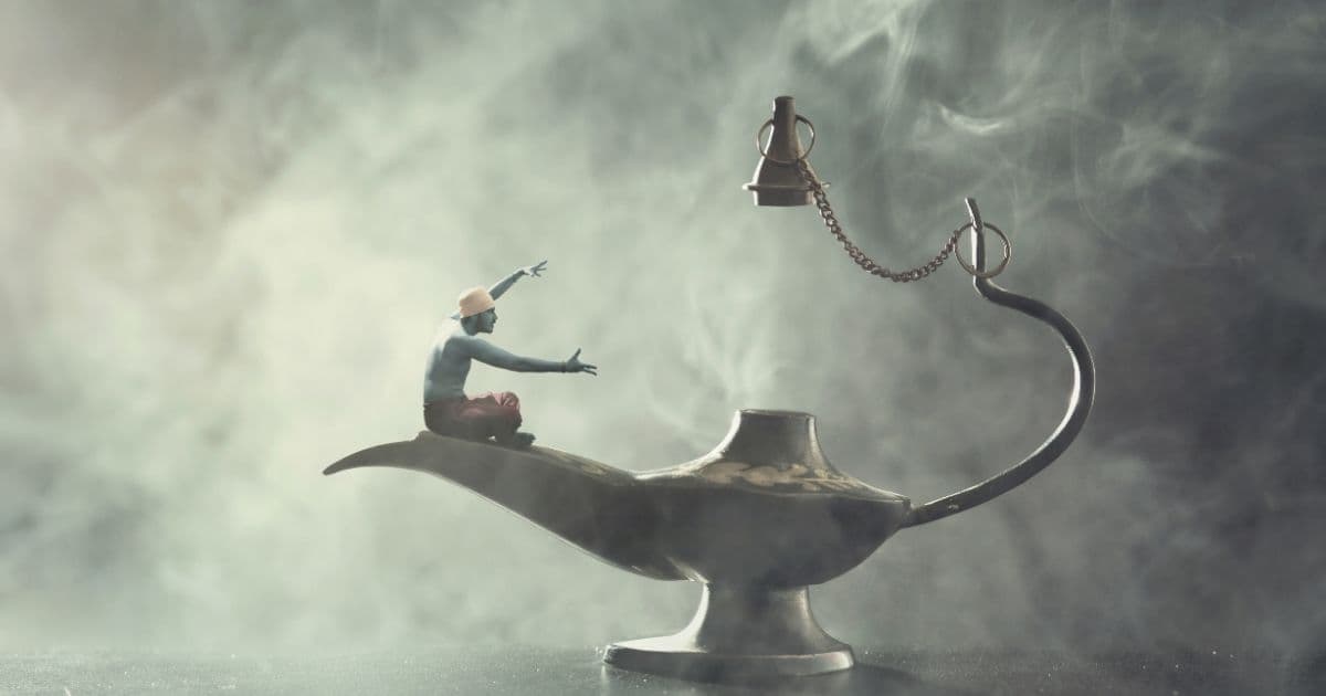 Hospitality job board three wishes concept showing a person sitting on a magic lamp