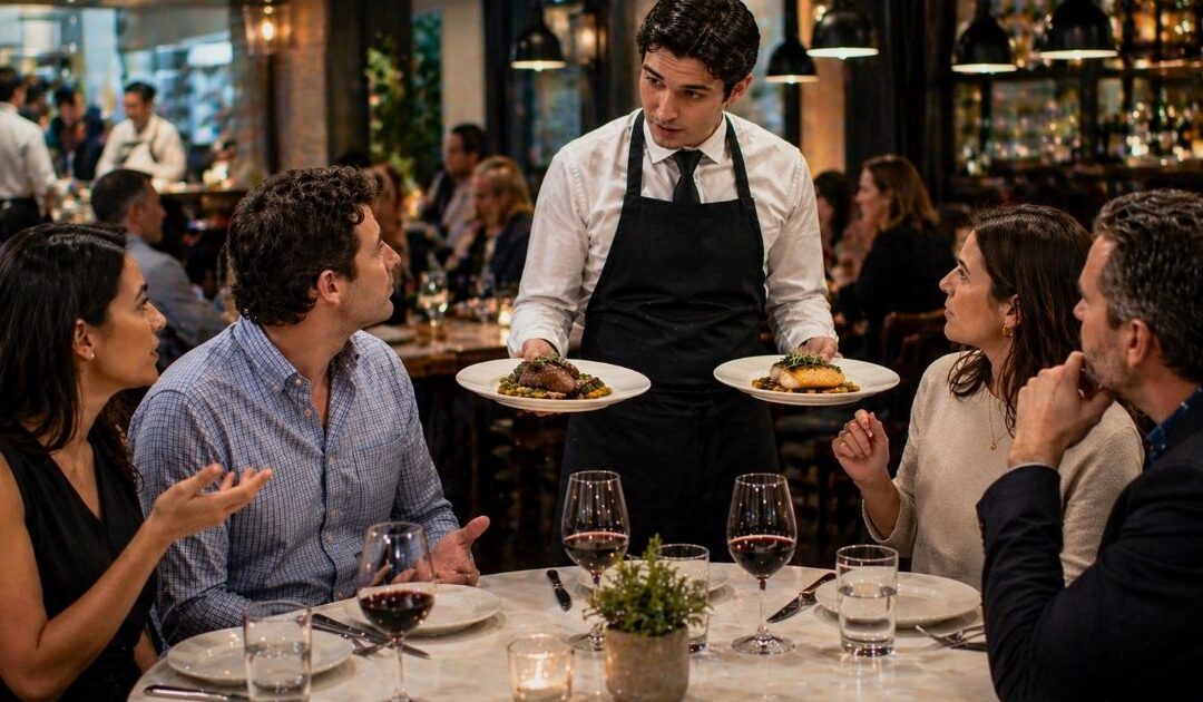 Server unsure where to place the dishes while guests hesitate at a restaurant table