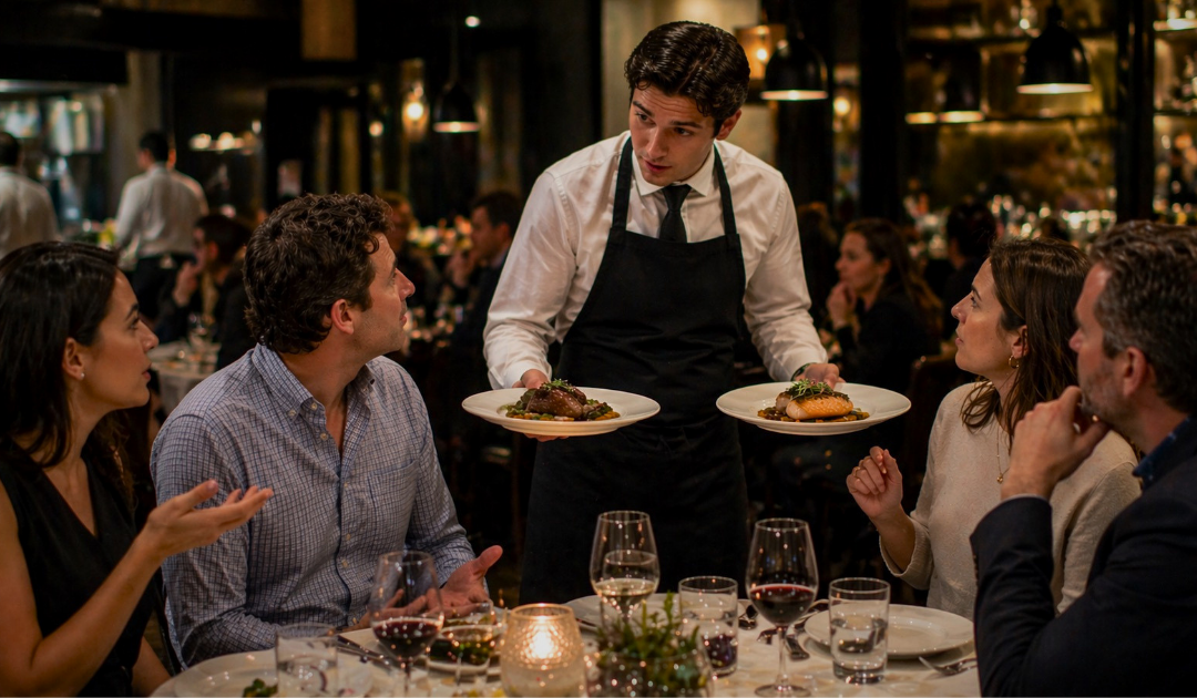 Server unsure where to place dishes while guests hesitate at a restaurant table