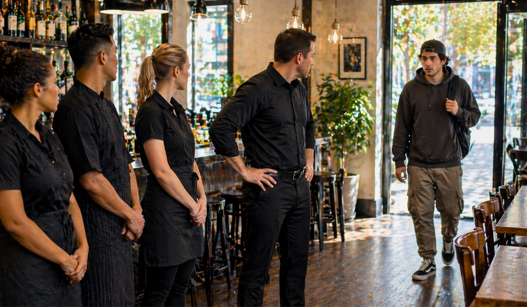 Restaurant manager addressing a late bartender arriving out of uniform during pre-shift lineup