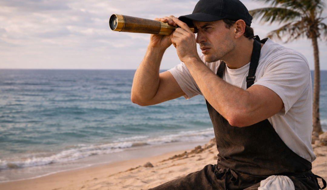 Line cook sitting on a deserted island using a spyglass to search for direction without a restaurant hiring checklist or training systems