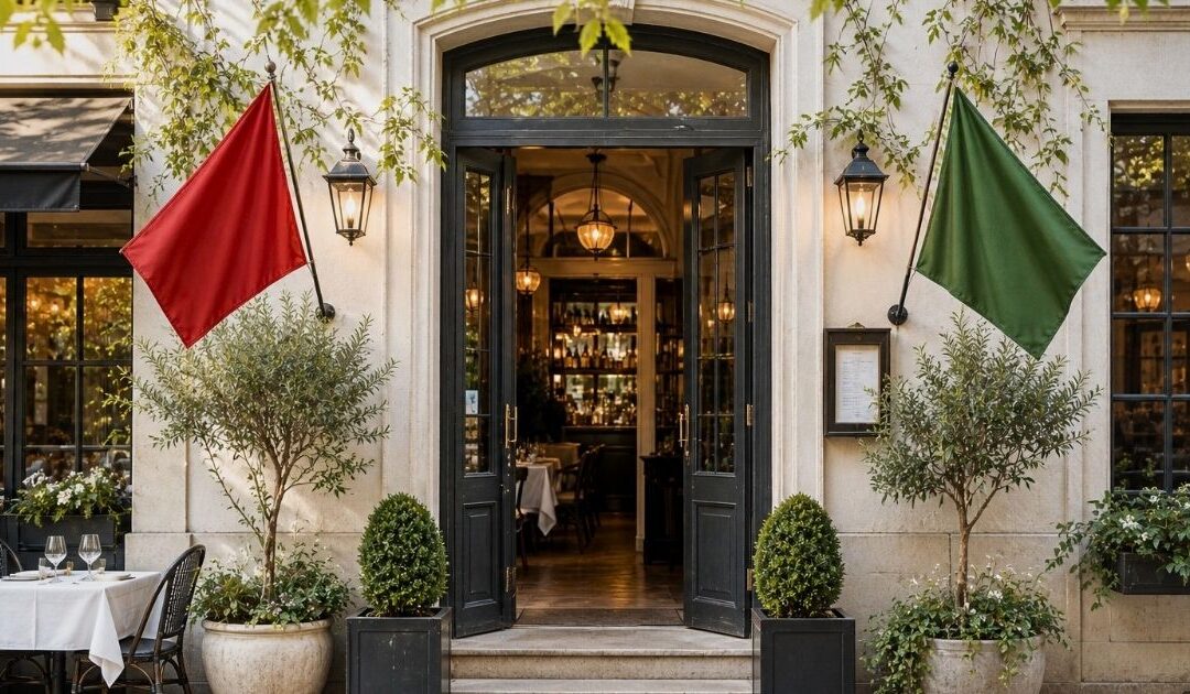 Upscale restaurant entrance with red and green flags representing hospitality resume red flags and green flags