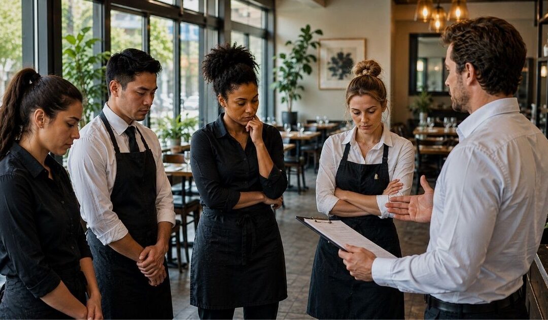 Restaurant employees standing quietly during a pre-shift meeting while a manager gives direction in the front of house