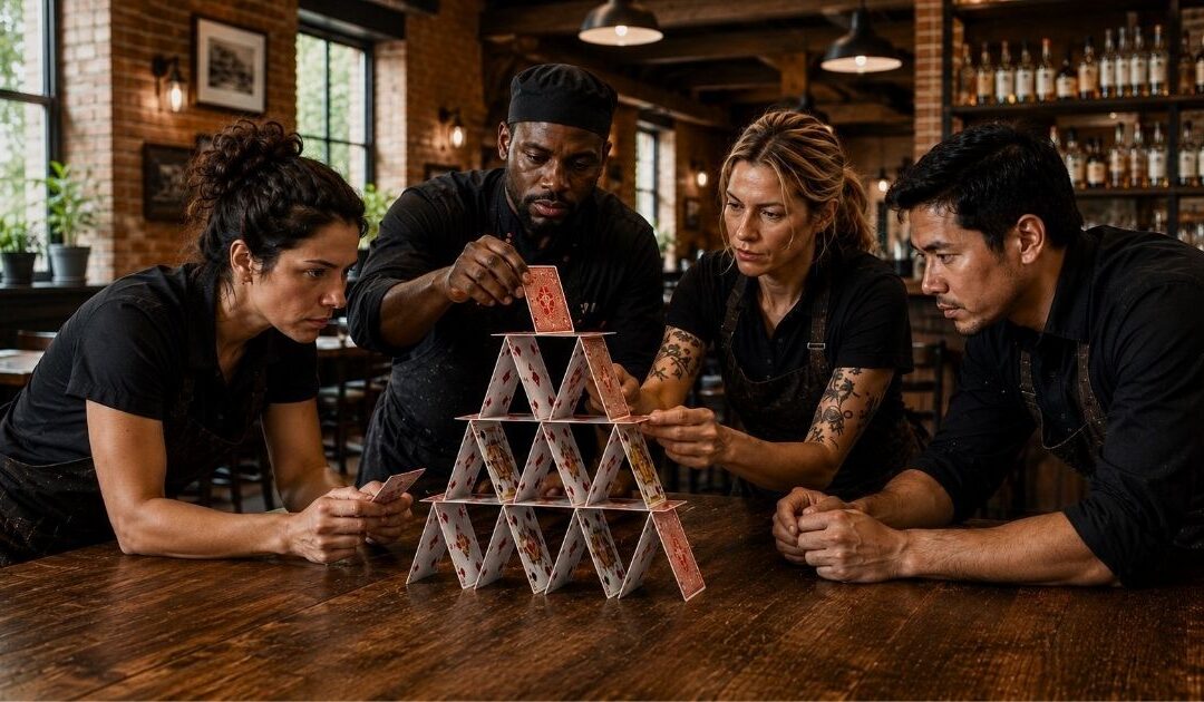 Restaurant team carefully building a house of cards together inside a restaurant to represent operational structure, accountability, and stability