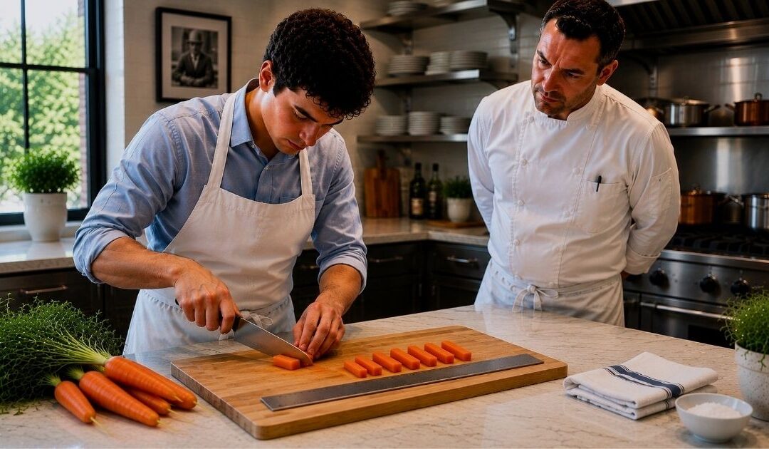 Executive chef observing a stage candidate cutting carrots while evaluating employee potential and attention to detail