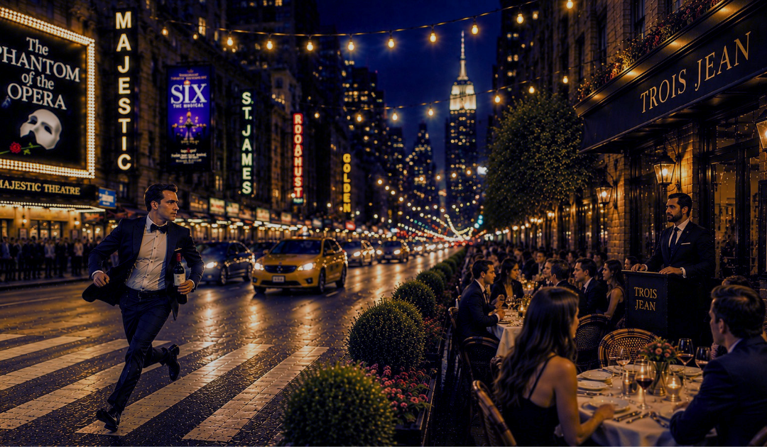 Illustration of memorable service experiences in hospitality as a maître d' runs across the street with a bottle of wine for guests dining at Trois Jean near New York City's Theater District