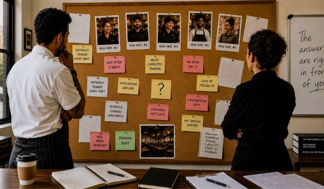 Restaurant chef and manager reviewing hiring and retention patterns on an investigation board.