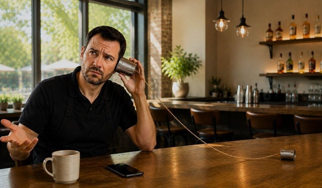 Restaurant manager using a tin can phone while sitting at a bar, illustrating how technology changed hiring and candidate communication