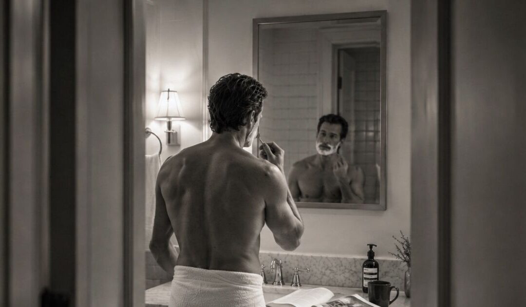 Chef preparing for a back-of-house interview while shaving and reflecting before the day begins