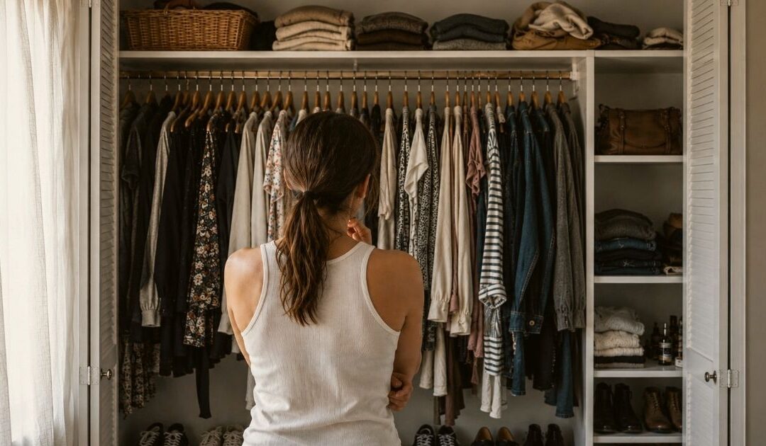 Woman deciding what to wear while preparing for a front-of-house restaurant interview