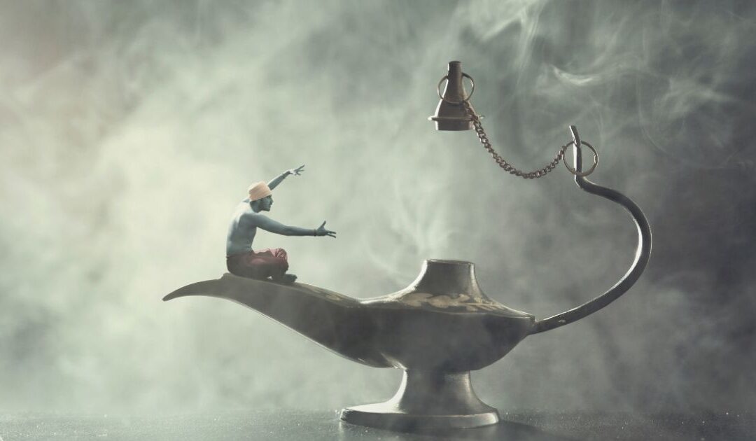 Hospitality job board three wishes concept showing a person sitting on a magic lamp