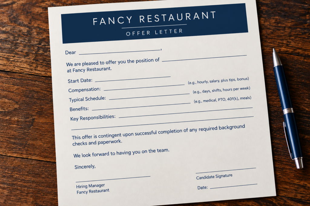 Sample restaurant offer letter showing how restaurant hiring expectations are confirmed through compensation, schedules, benefits, and employment terms